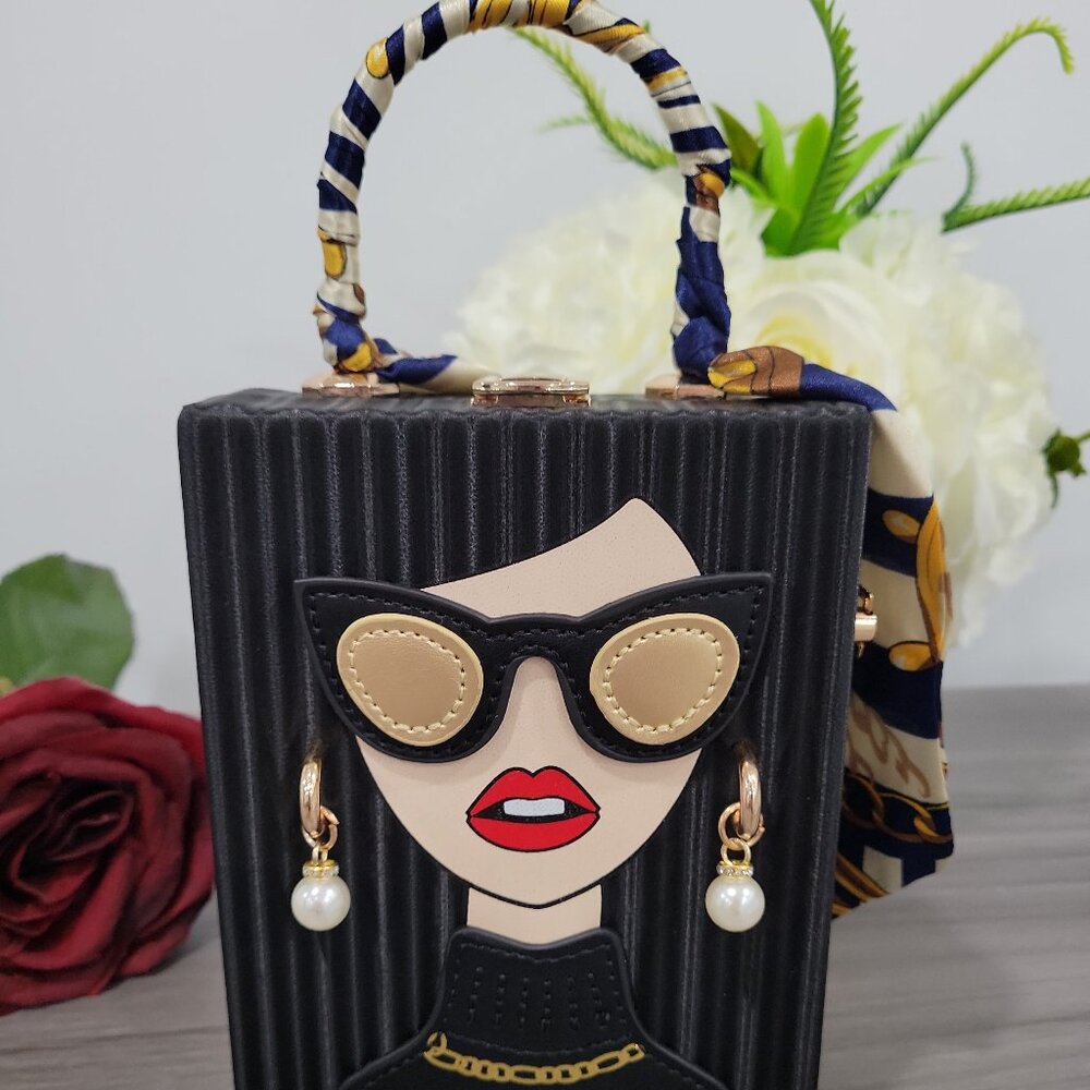 🔥Chic Fashion Lady Face Trendy Box Handbag w/Pearl Earrings Scarf Twilly Handle